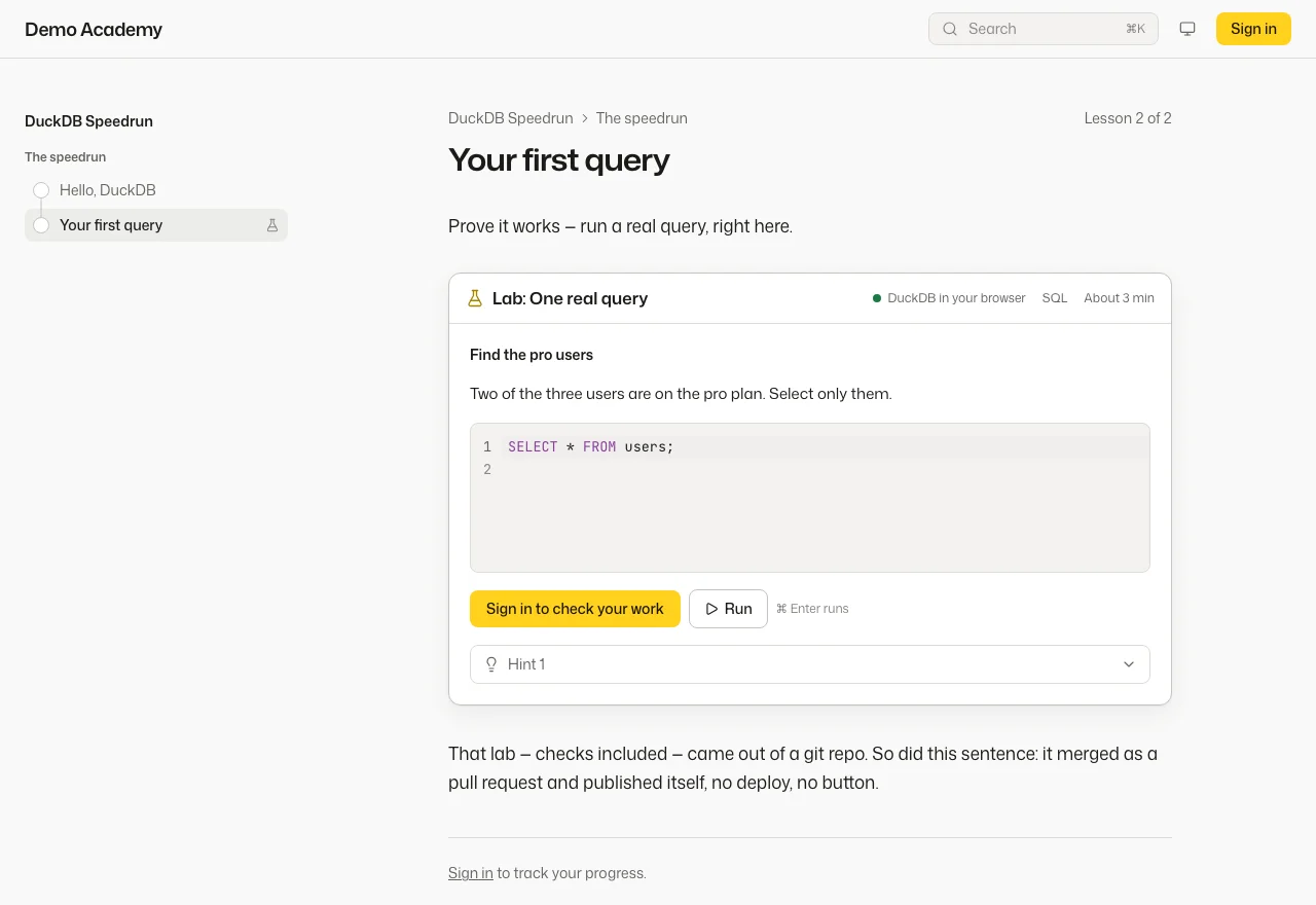 The DuckDB Speedrun lesson in Mastria's demo academy, with its course outline, lesson content, and runnable SQL lab.